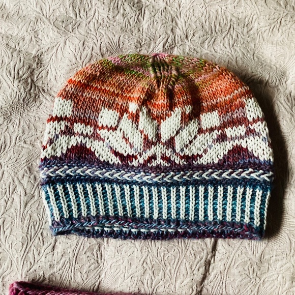 Glow In The Dark Hat Cowl Set Hand knit In USA Fair Isle Cotton Yarn NWT Adult M - Picture 4 of 9
